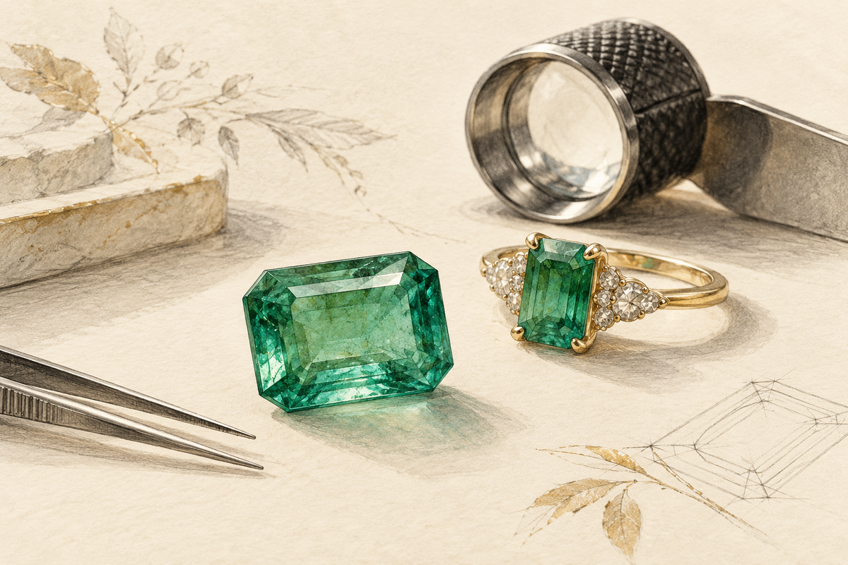 Sketch of a loose emerald and emerald ring beside a jeweler’s loupe.