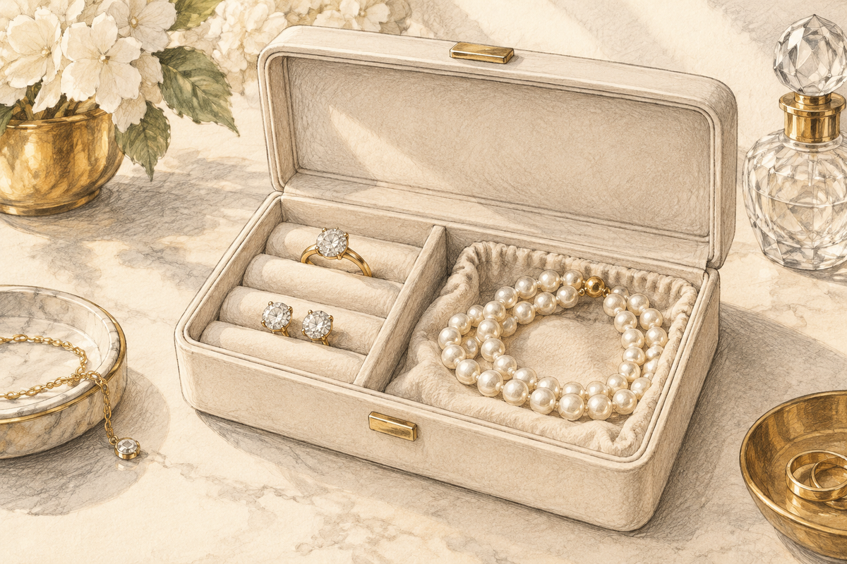 Sketch of rings, earrings and a pearl strand in separate padded organizer compartments.