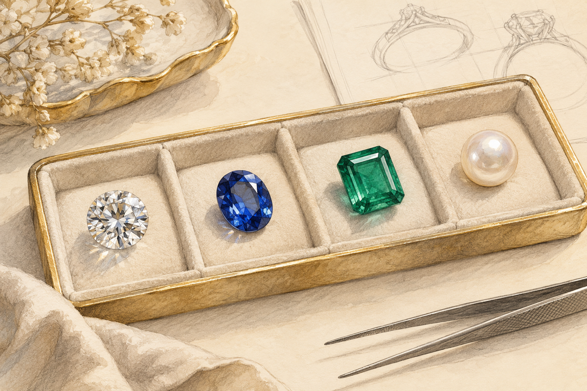 Sketch of a diamond, blue stone, green stone and pearl in separate tray compartments.