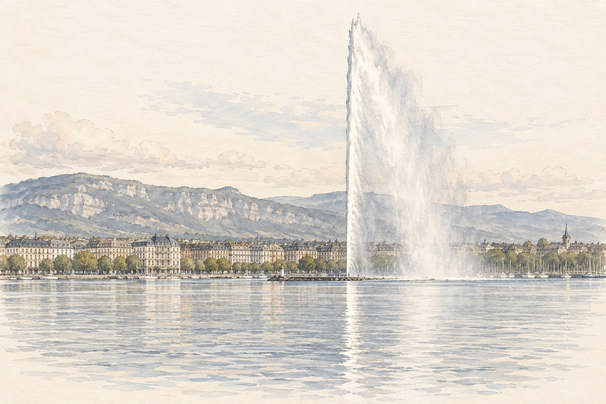 Pencil-and-wash sketch of Jet d’Eau on Lake Geneva in Geneva