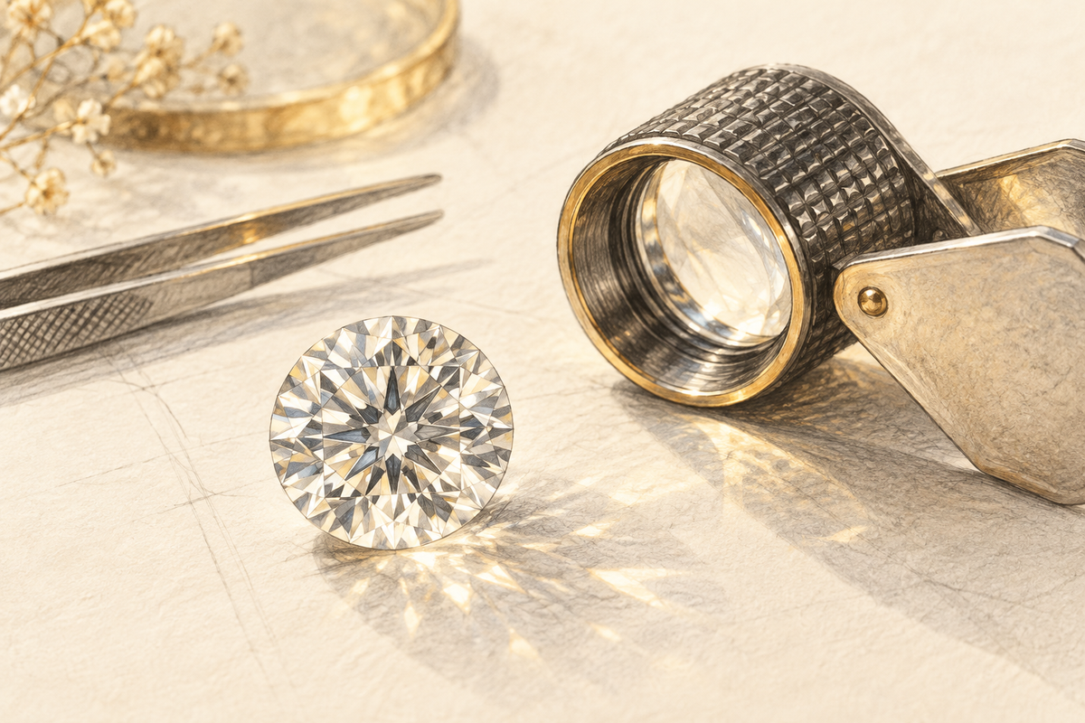 Sketch of a round diamond beside a folding jeweler’s loupe.
