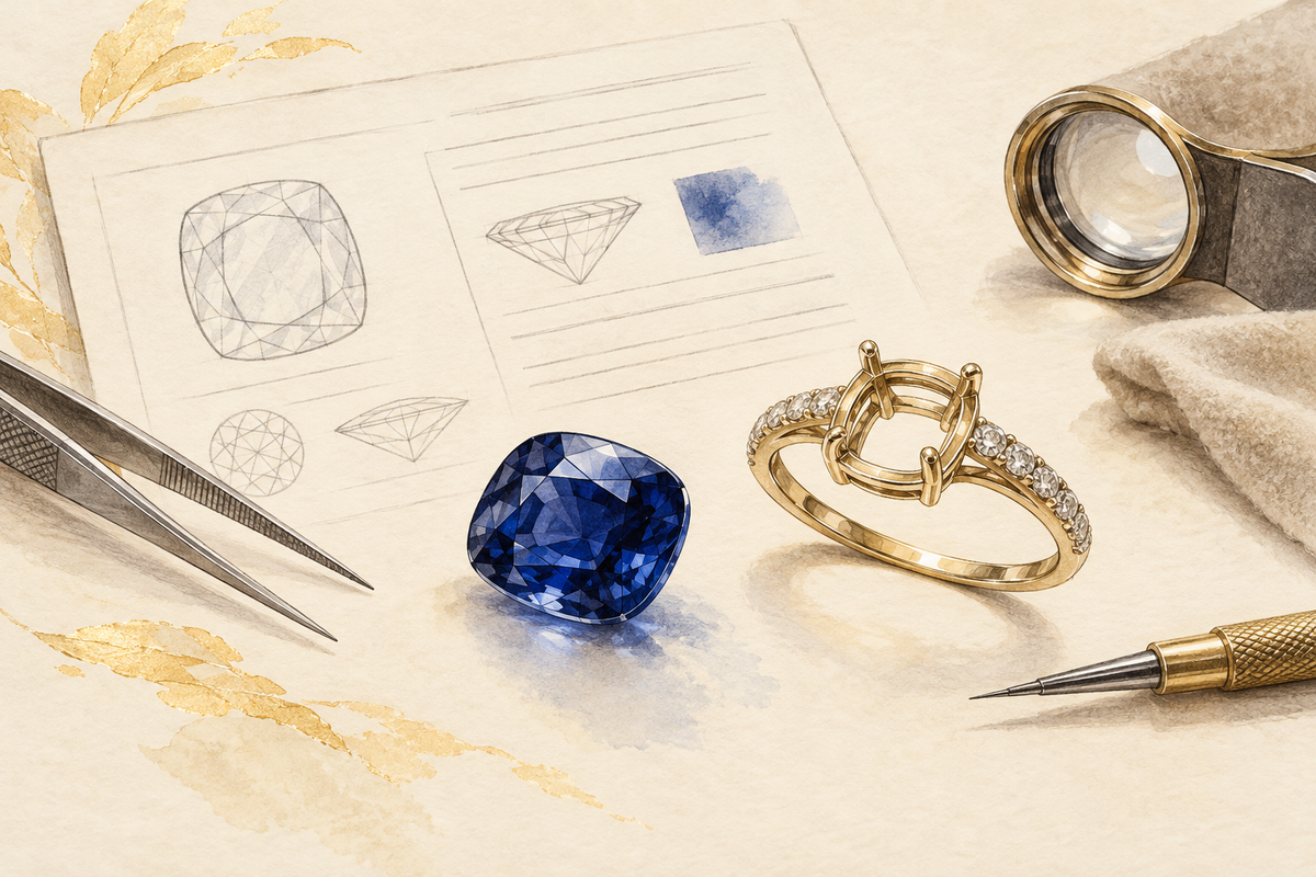 Sketch of a blue sapphire, gold mounting and unlettered illustrative document.