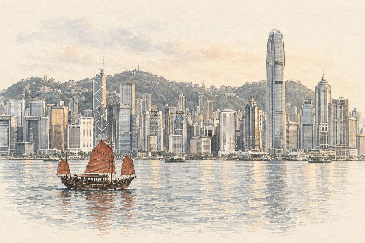 Pencil-and-wash sketch of Victoria Harbour and the Hong Kong skyline in Hong Kong