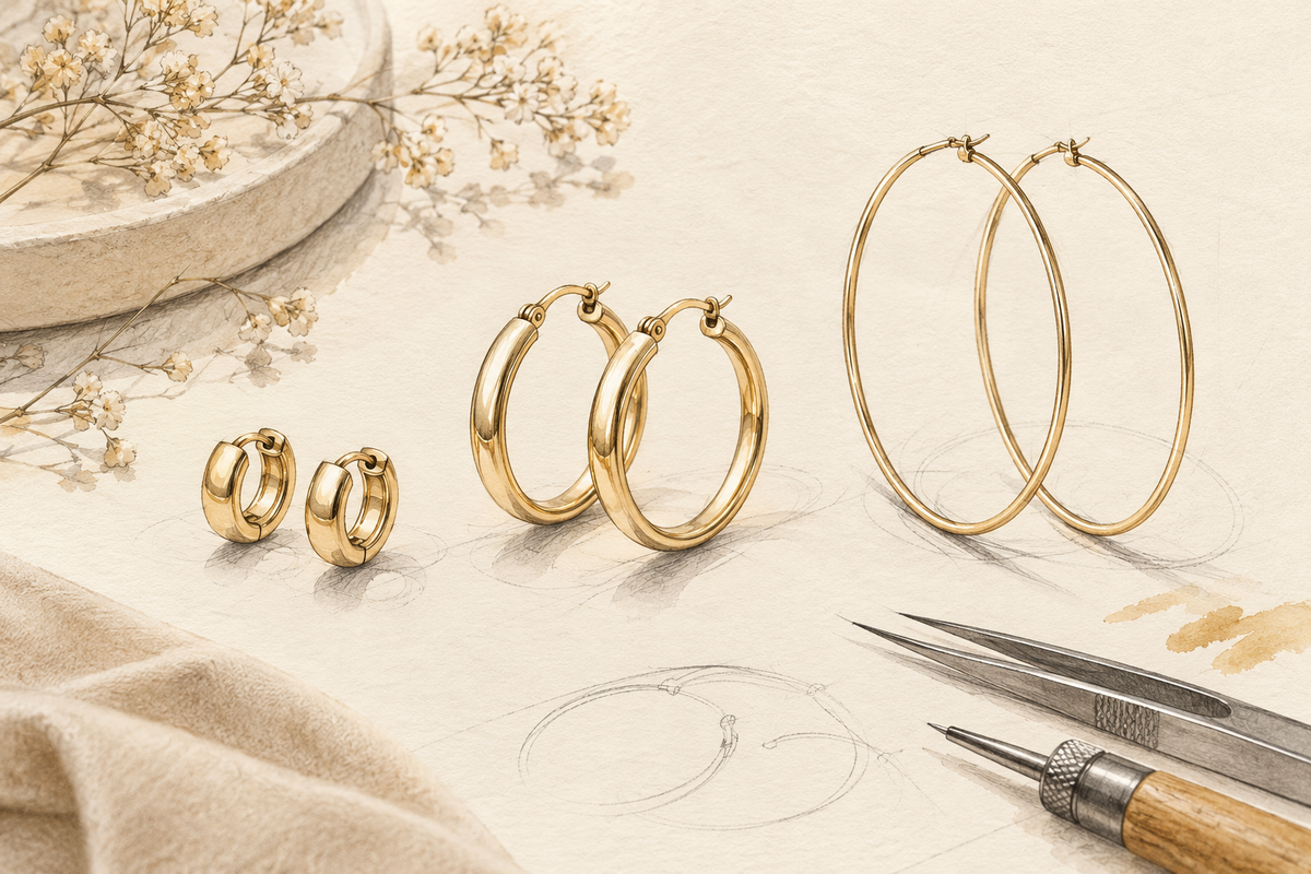 Sketch of small, medium and larger gold hoop earring pairs.