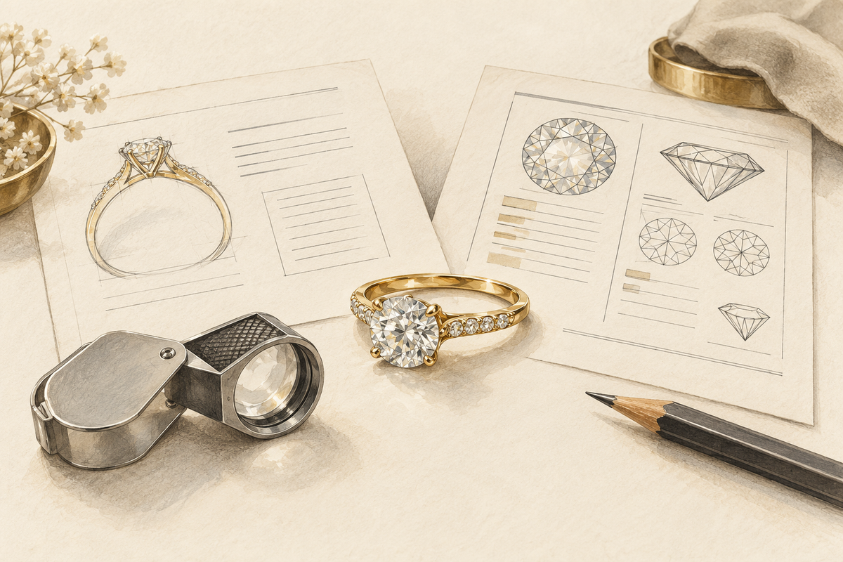 Sketch of a diamond ring beside two illustrative documents and a folding loupe.