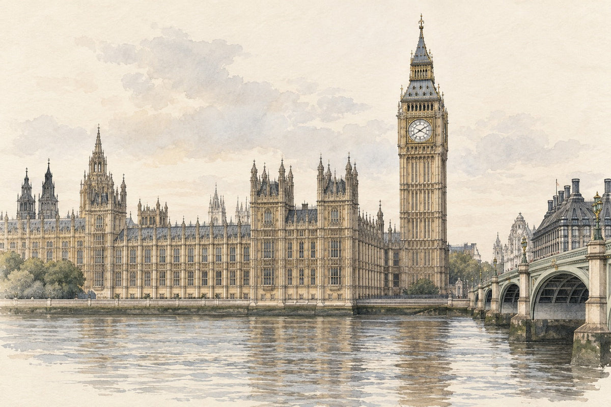Pencil-and-wash sketch of Elizabeth Tower and the Palace of Westminster in London
