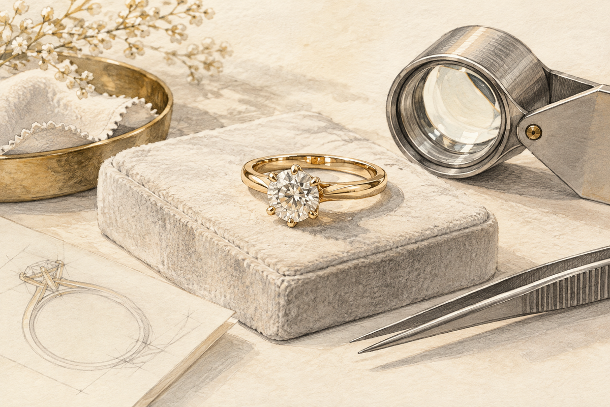 Sketch of a gold diamond ring on an inspection pad beside a loupe.
