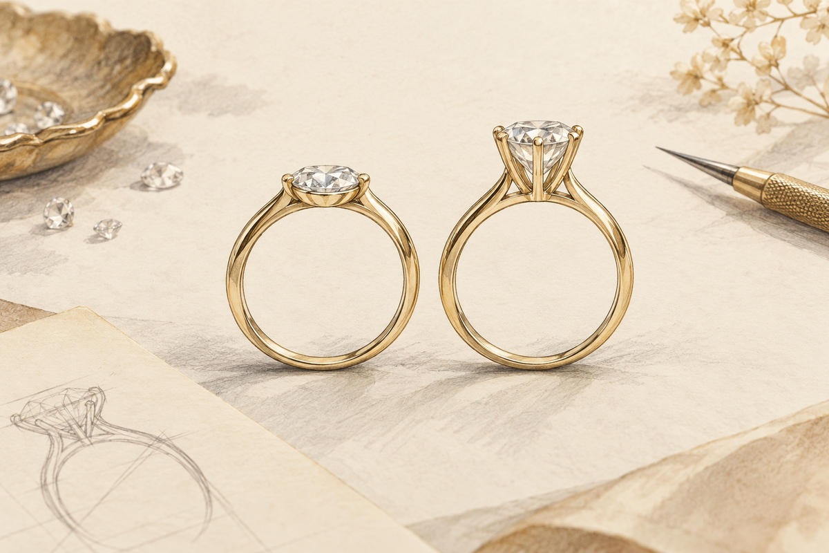 Sketch of two gold solitaire rings shown from the side at different setting heights.