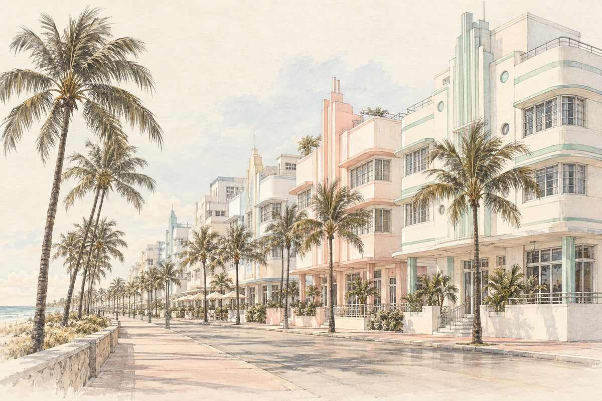 Pencil-and-wash sketch of Ocean Drive Art Deco architecture in Miami
