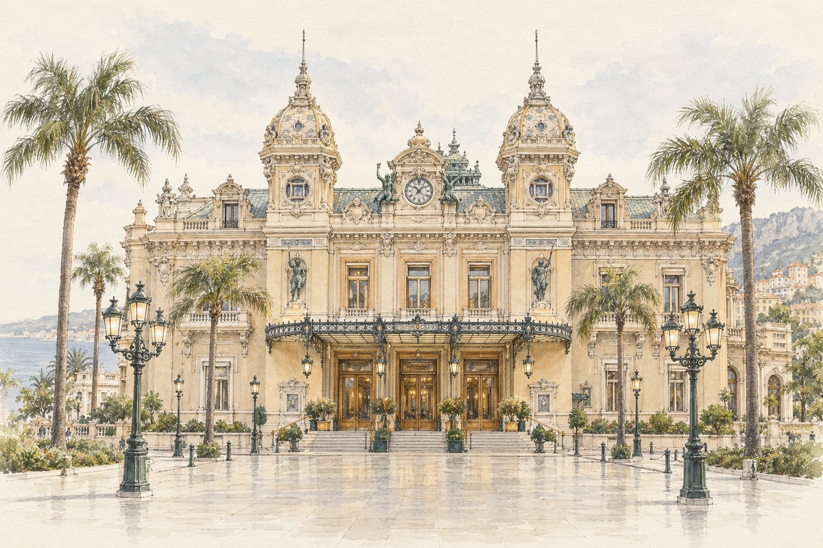 Pencil-and-wash sketch of Casino de Monte-Carlo in Monaco