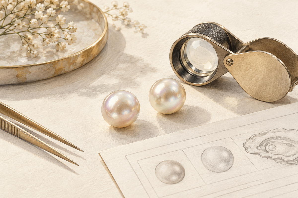 Sketch of two loose pearls beside a loupe and an illustrative examination drawing.