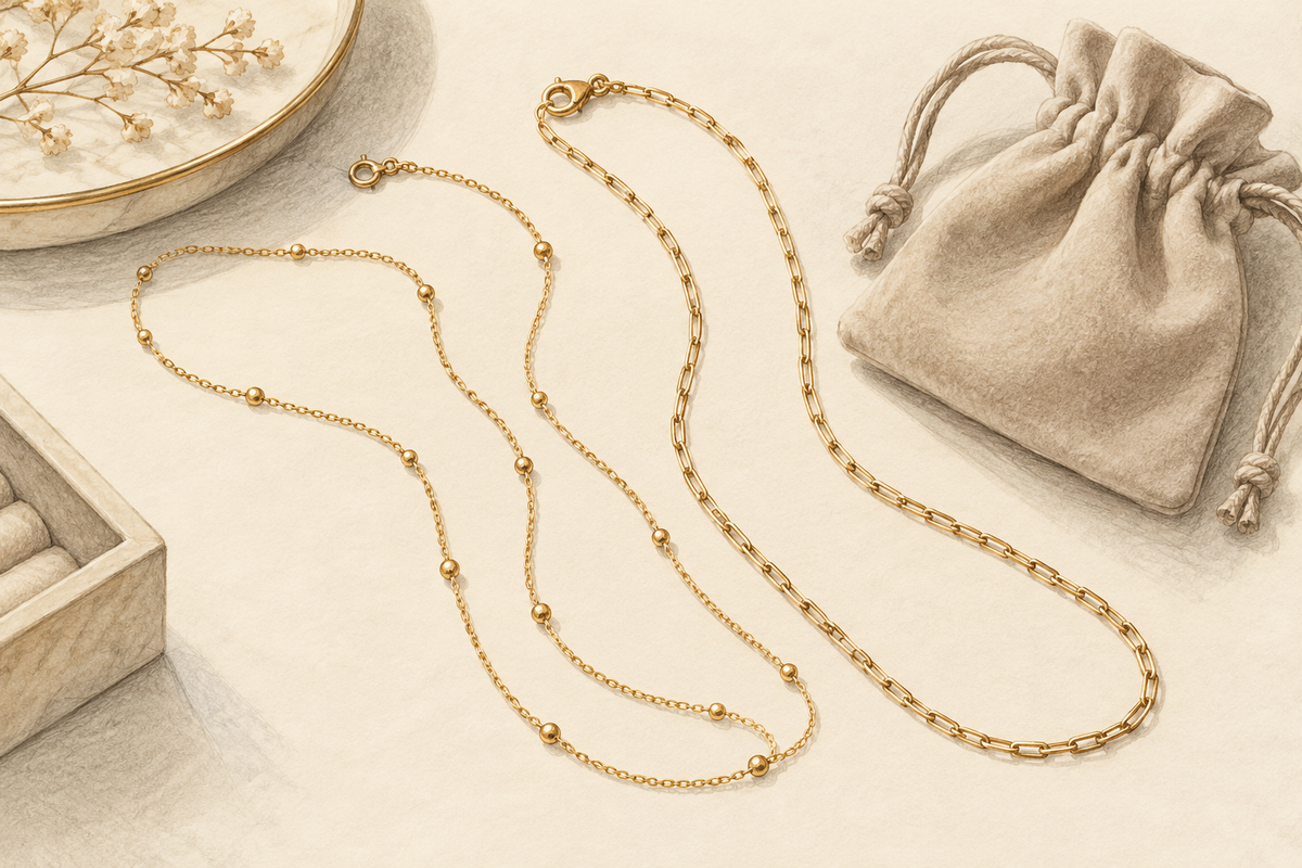 Sketch of two gold necklaces stored separately beside a soft pouch.