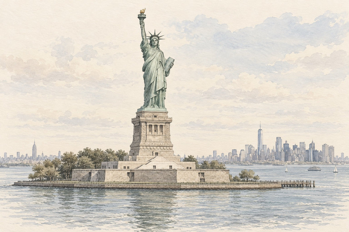 Pencil-and-wash sketch of Statue of Liberty in New York