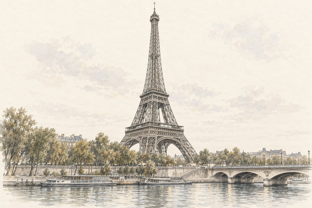 Pencil-and-wash sketch of Eiffel Tower in Paris