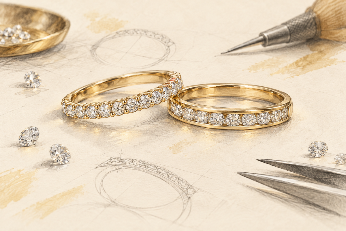 Sketch of pavé-style and channel-style diamond bands in yellow gold.