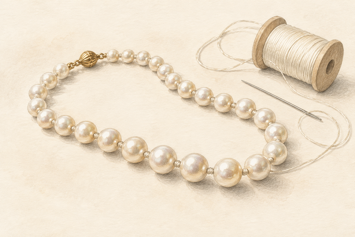 Sketch of a pearl strand beside a thread spool and separate needle.