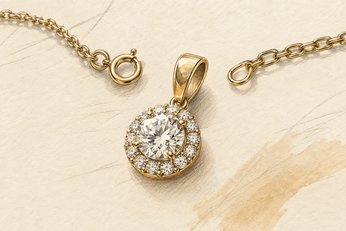 Sketch of a diamond pendant bail beside a chain clasp and end ring.