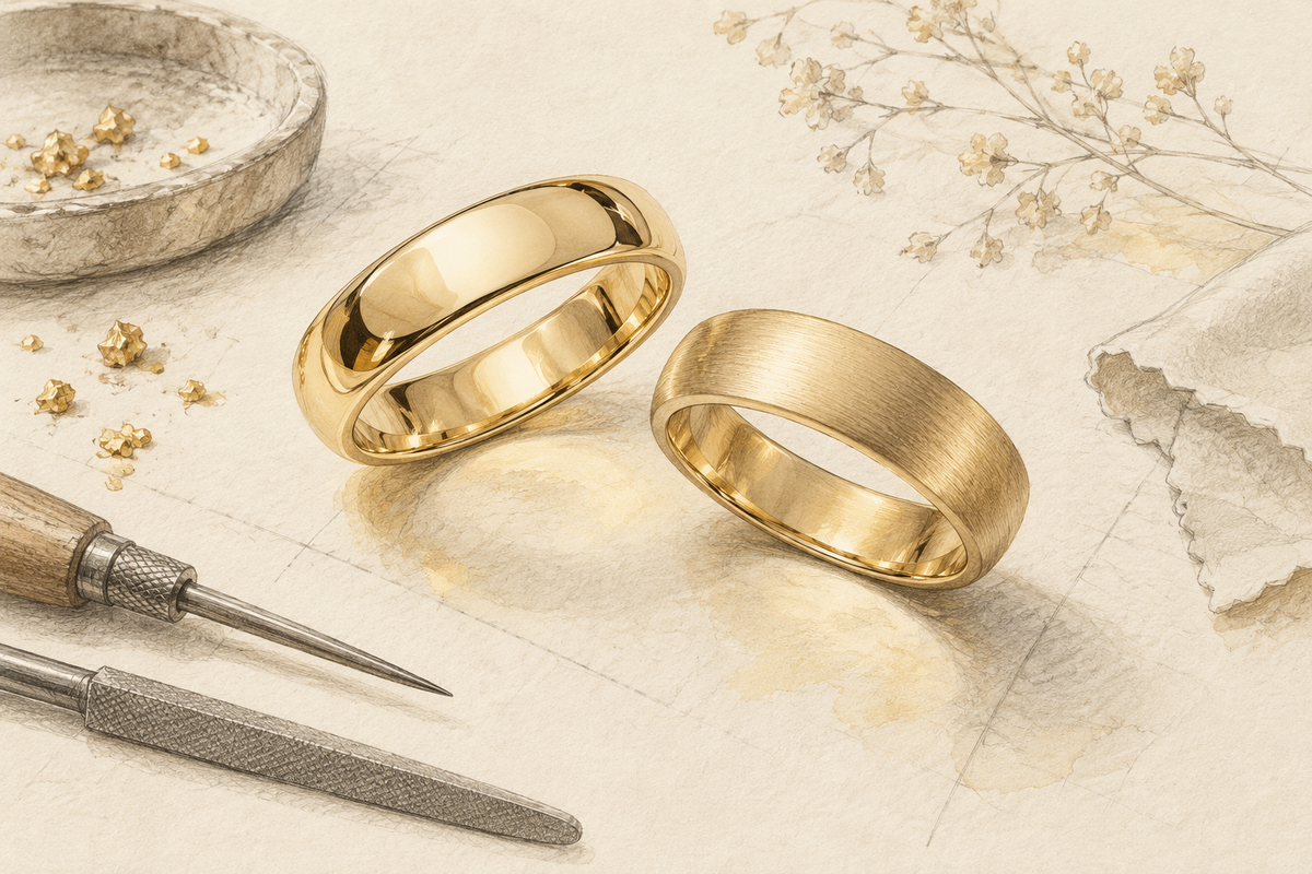 Sketch of polished and satin-textured yellow-gold bands.