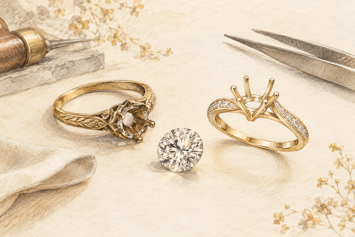 Sketch of a loose diamond beside an older-style ring and a new empty mounting.