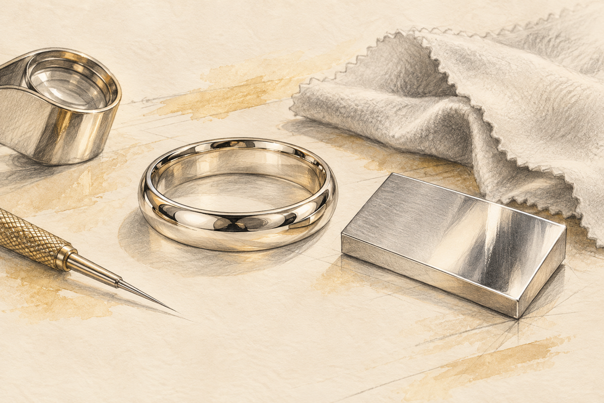 Sketch of a pale-metal wedding band, metal sample and polishing cloth.