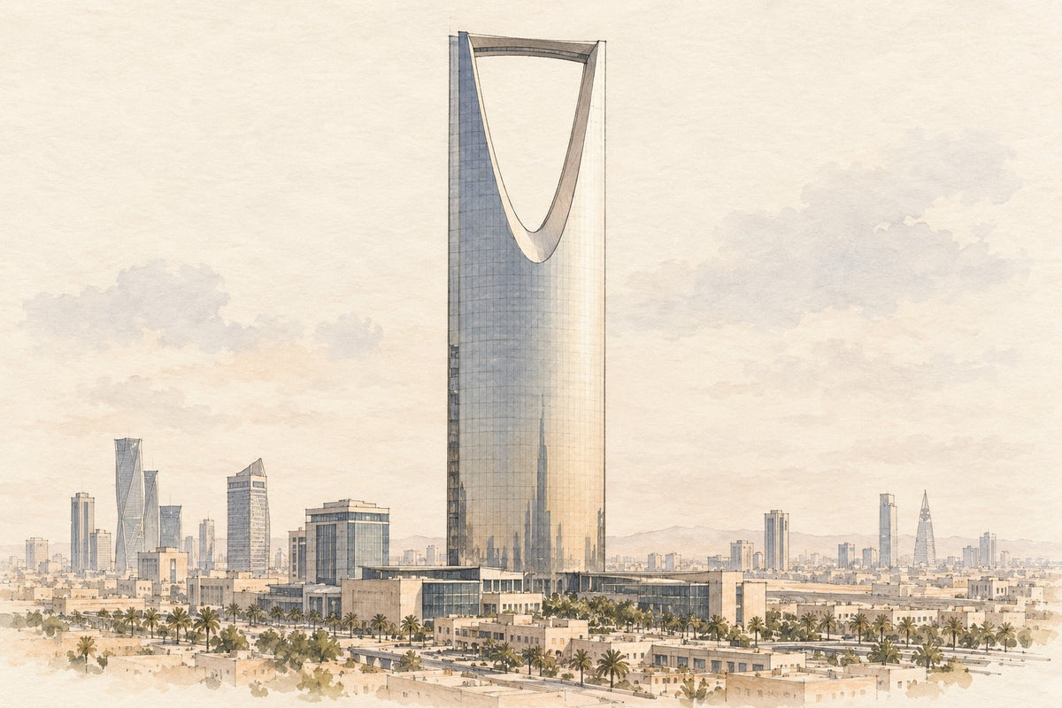 Pencil-and-wash sketch of Kingdom Centre in Riyadh