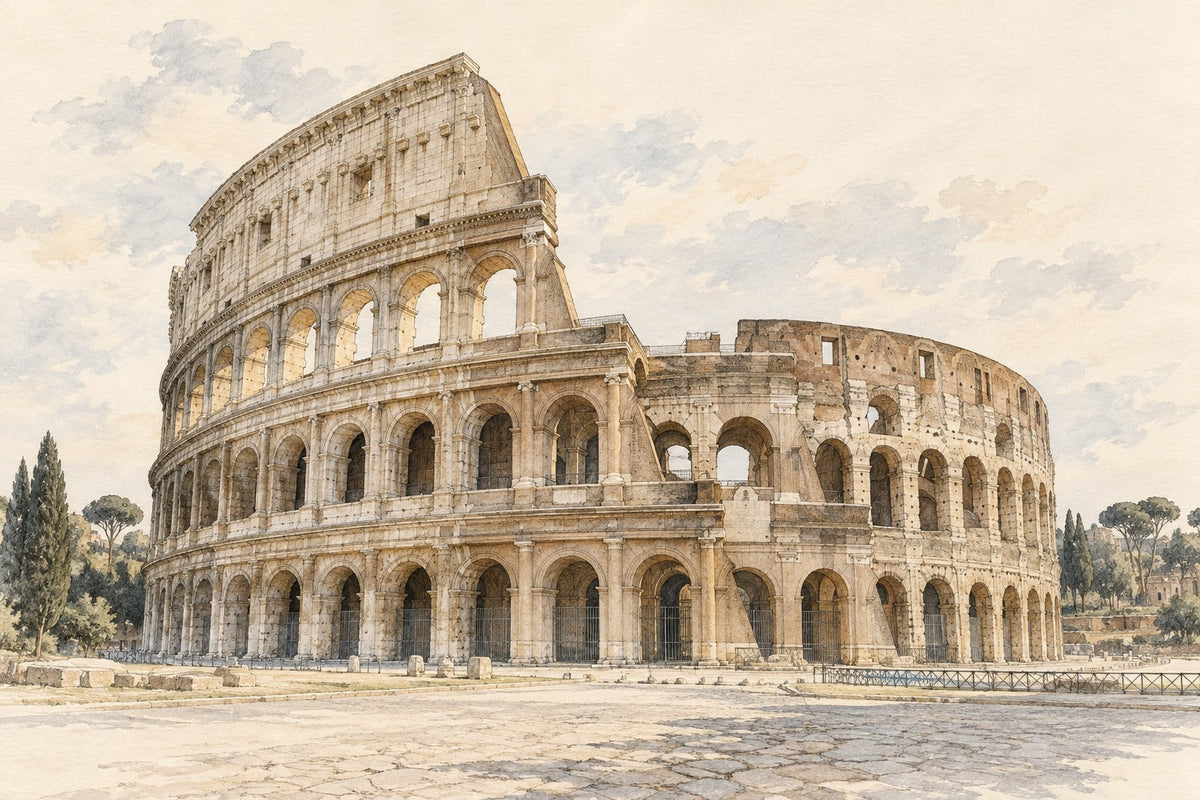 Pencil-and-wash sketch of Colosseum in Rome