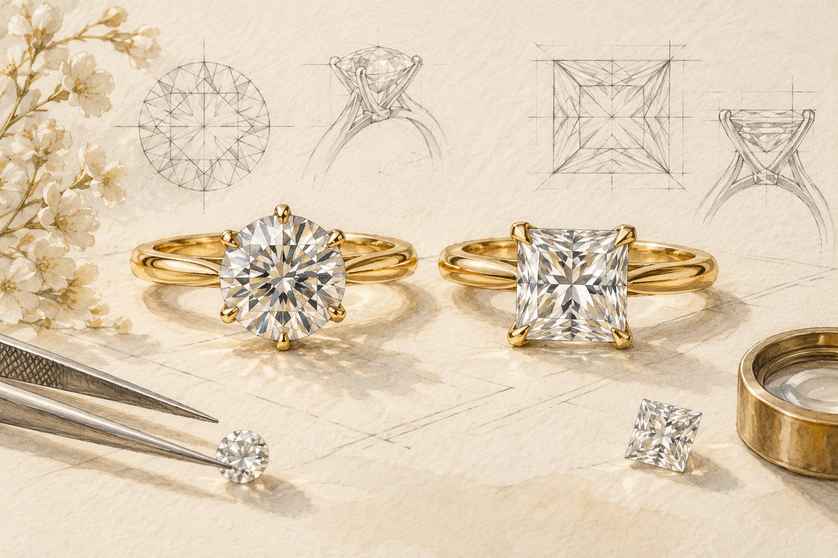 Sketch of gold solitaire rings with round and square diamond centers.