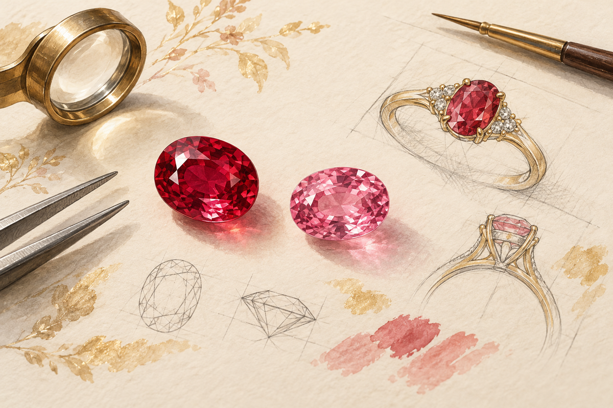 Sketch of red and pink corundum color studies beside a ring and design drawing.