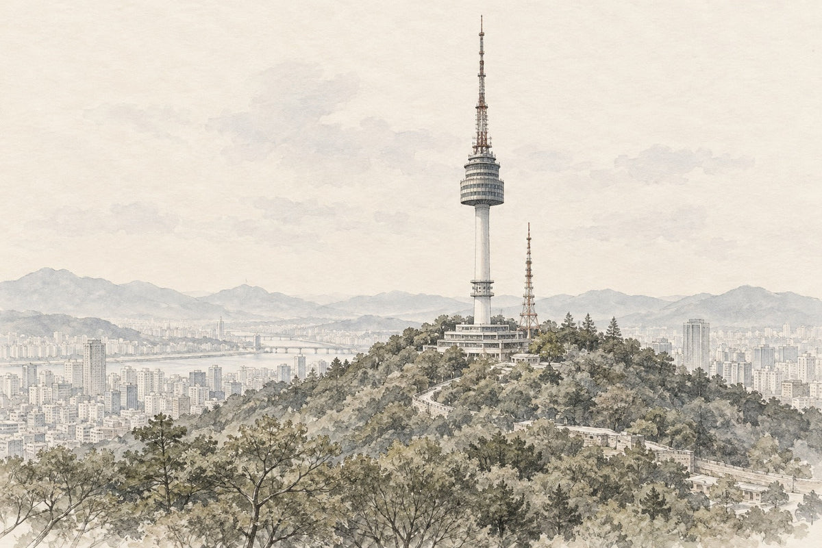 Pencil-and-wash sketch of N Seoul Tower on Namsan in Seoul