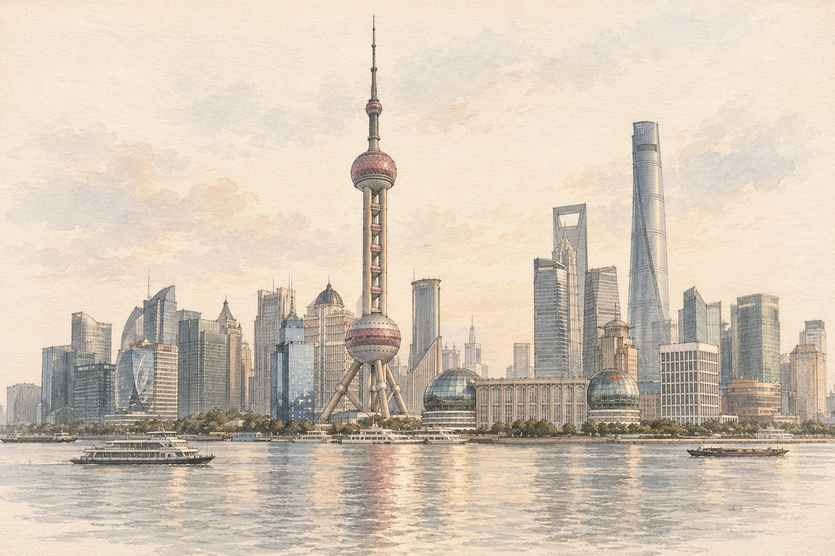 Pencil-and-wash sketch of Oriental Pearl Tower and Pudong skyline in Shanghai
