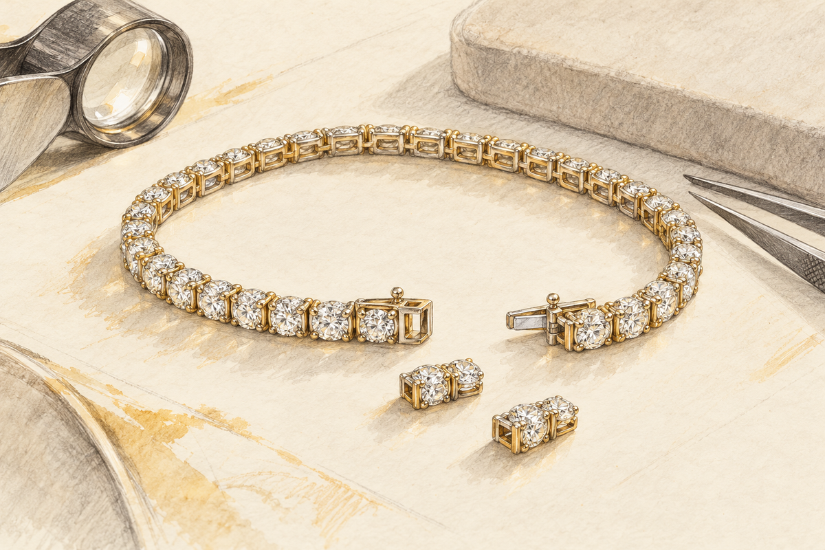 Sketch of an open tennis bracelet beside two separate stone-set link units.