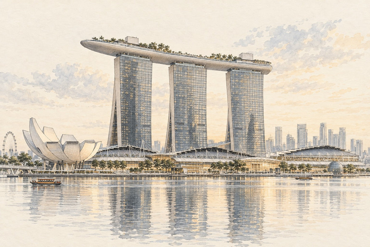 Pencil-and-wash sketch of Marina Bay Sands in Singapore