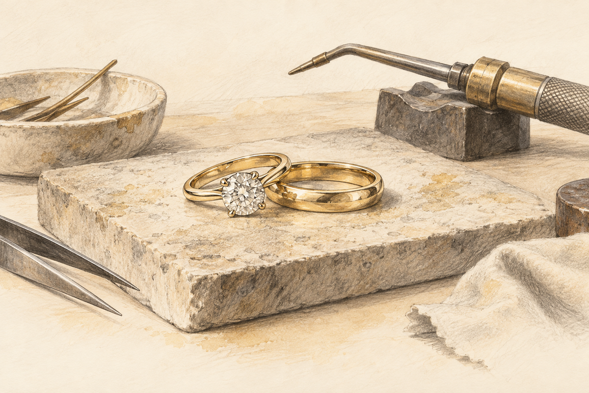Sketch of an engagement ring and wedding band on a workshop block beside a soldering tool.