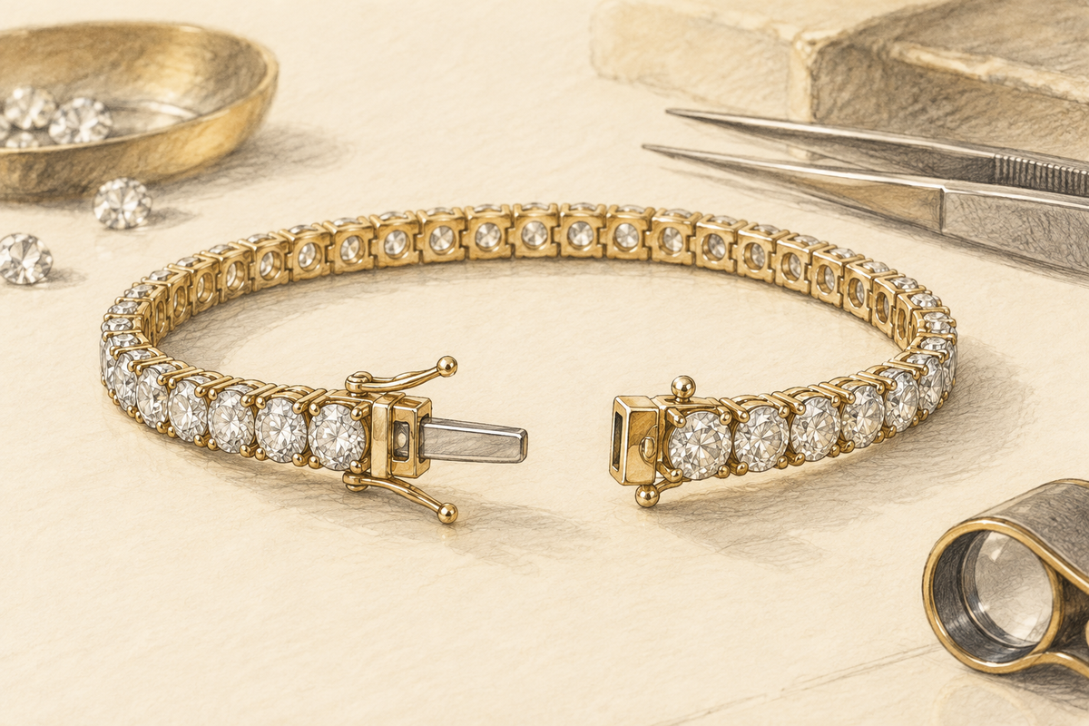 Sketch of an open tennis bracelet with its clasp and safety components visible.