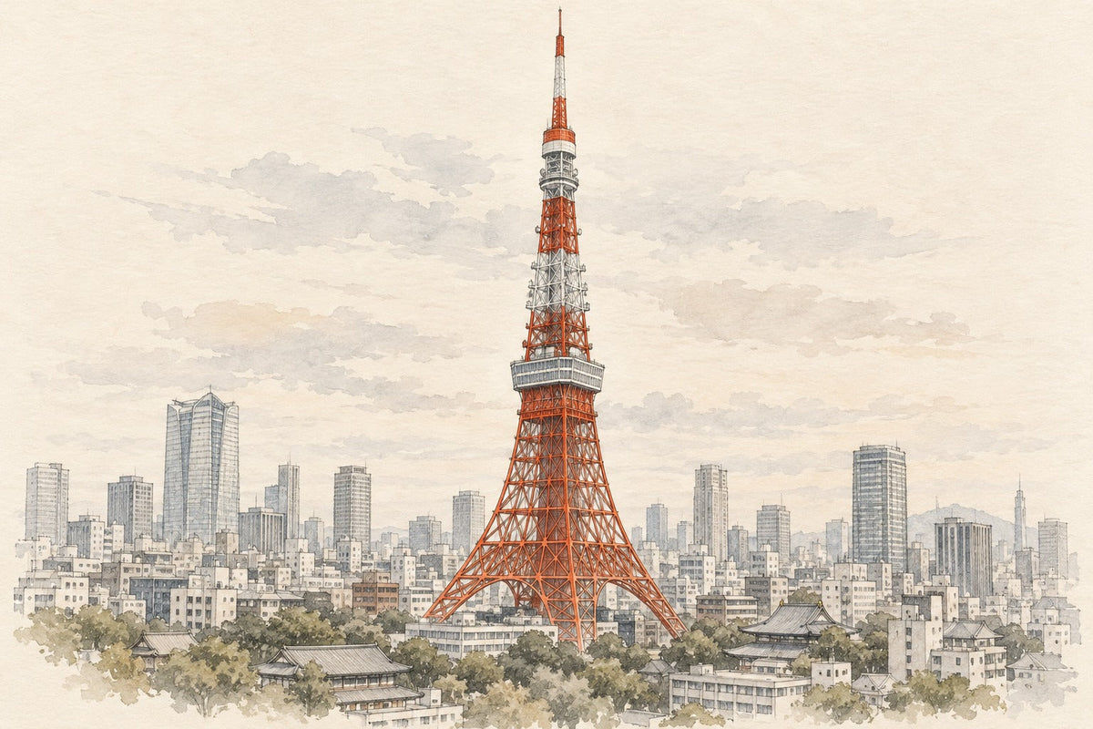 Pencil-and-wash sketch of Tokyo Tower in Tokyo