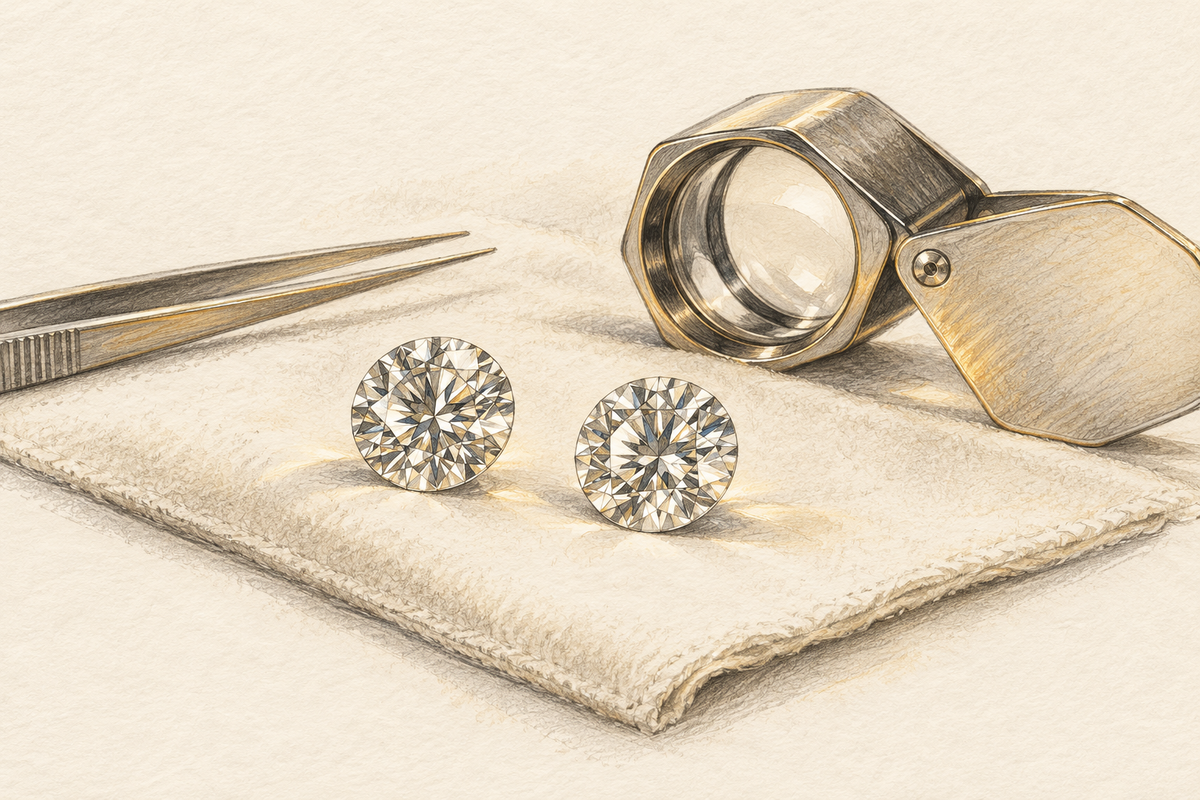Pencil-and-wash sketch of two round diamonds beside a folding loupe.