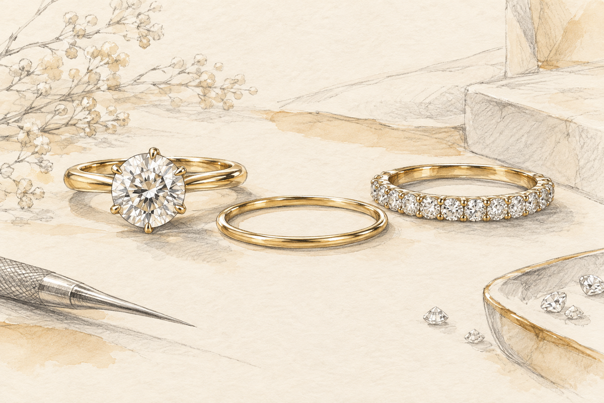 Sketch of a solitaire, plain spacer and diamond wedding band arranged separately.