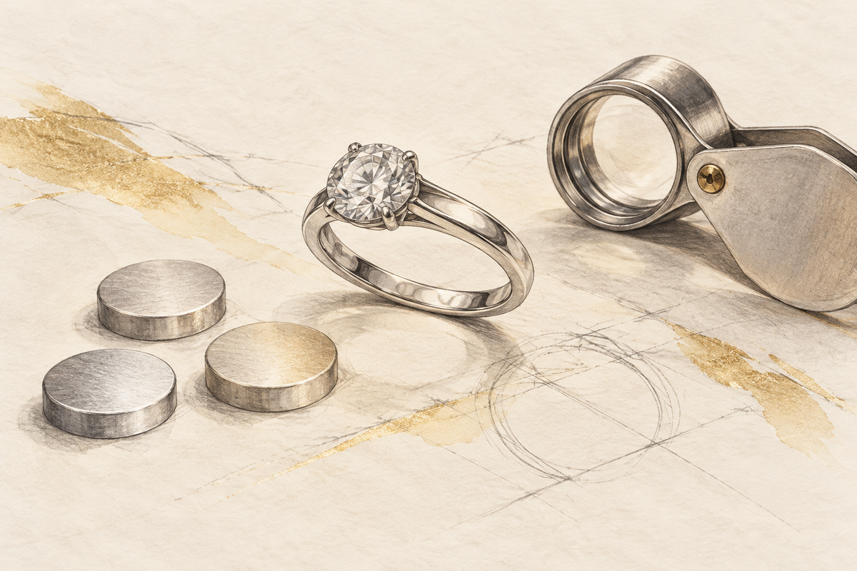 Sketch of a white-metal ring, unmarked alloy samples and folding loupe.