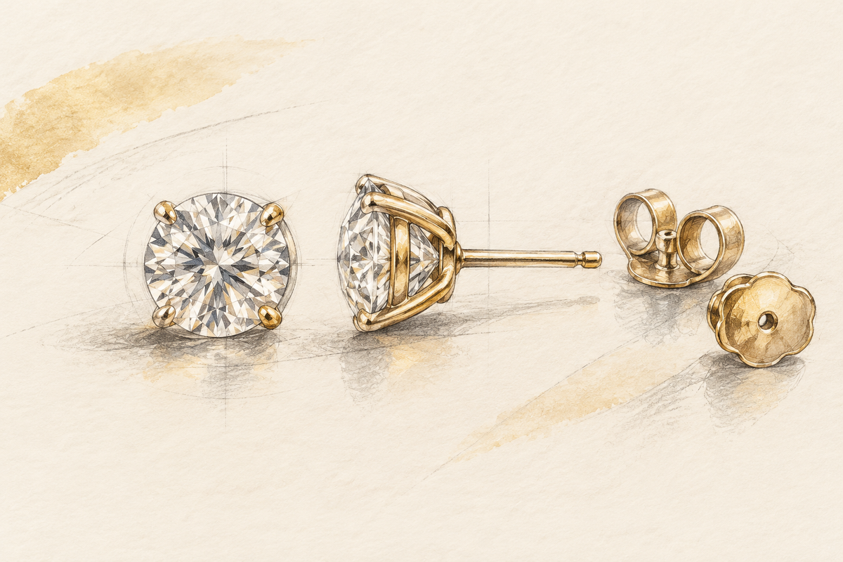 Sketch of diamond studs from the front and side with separate earring backs.
