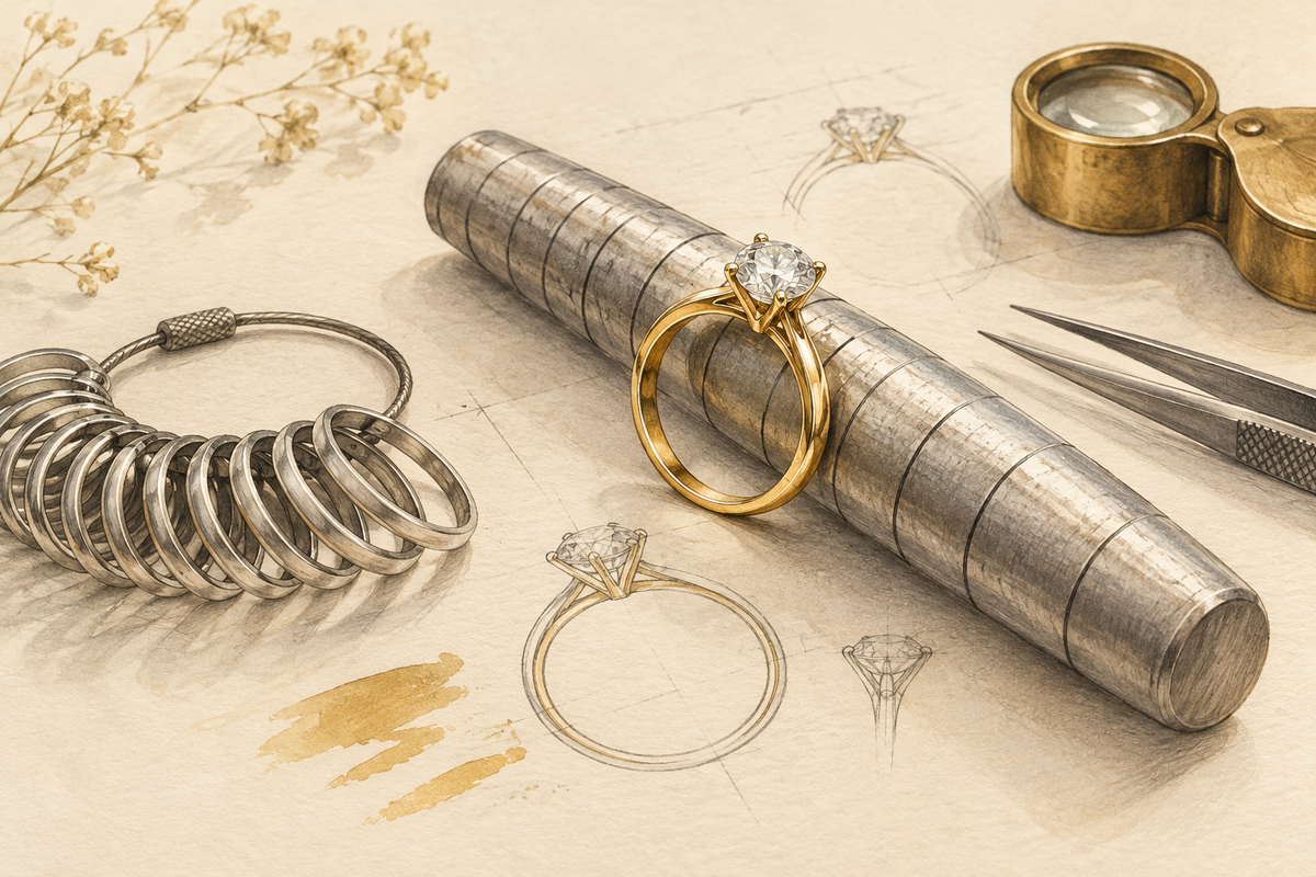 Sketch of a gold solitaire on a ring mandrel beside ring-sizing gauges.