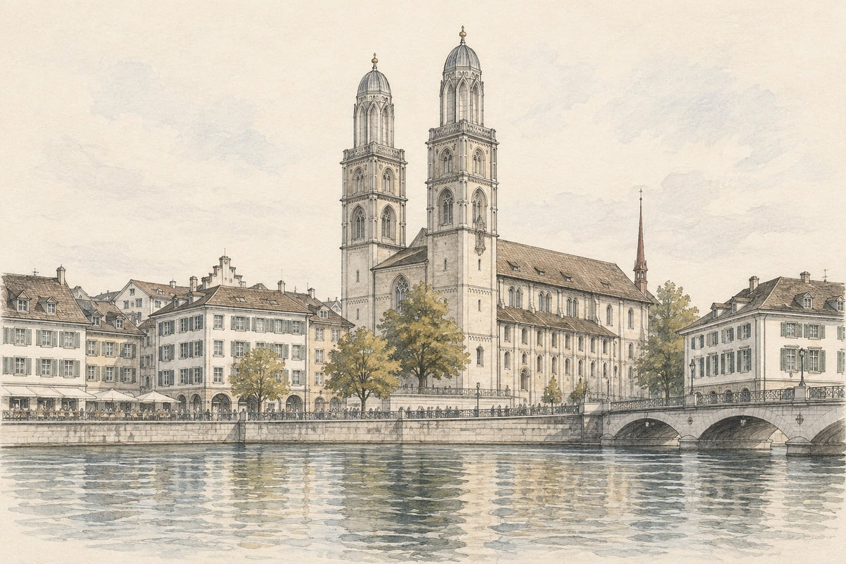 Pencil-and-wash sketch of Grossmünster above the Limmat in Zurich