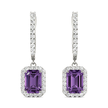 Emerald Cut Halo Drop Earrings – Emerald Cut Emerald Drop Earrings in 18K Gold | Just Brilliant – view 7