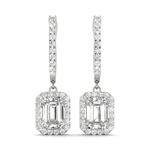 Emerald Cut Halo Drop Earrings
