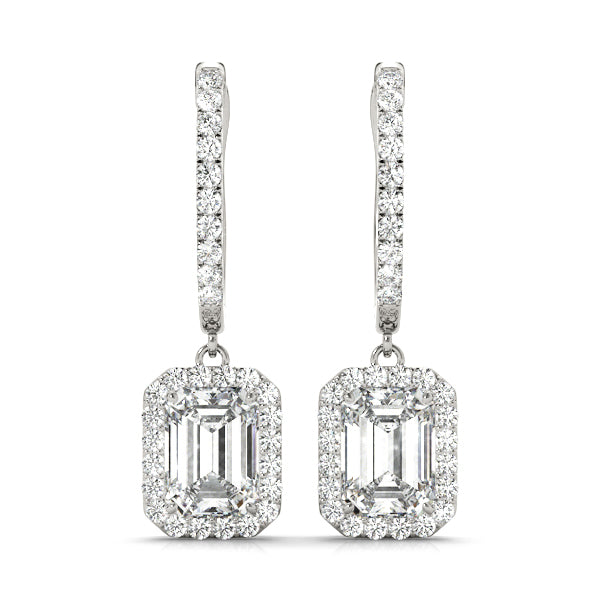 Emerald Cut Halo Drop Earrings – Emerald Cut Emerald & Lab Diamond Drop Earrings in 18K Gold | Just Brilliant