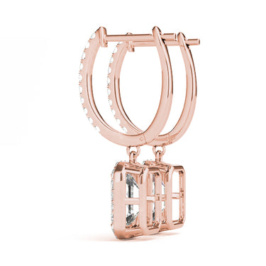 Emerald Cut Halo Drop Earrings – Emerald Cut Emerald Drop Earrings in 18K Gold | Just Brilliant – angle view