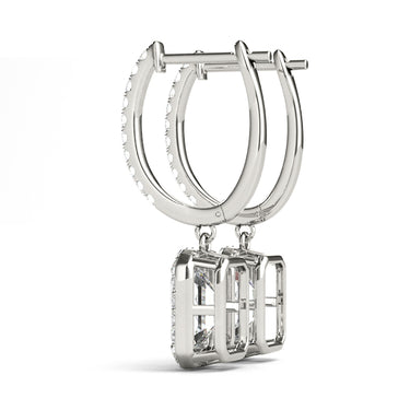 Emerald Cut Halo Drop Earrings – Emerald Cut Emerald Drop Earrings in 18K Gold | Just Brilliant – detail view