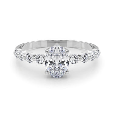 Oval Single Row Shared Prong Engagement Ring – Oval Lab Diamond Ring in 18K Gold | Just Brilliant – close-up view