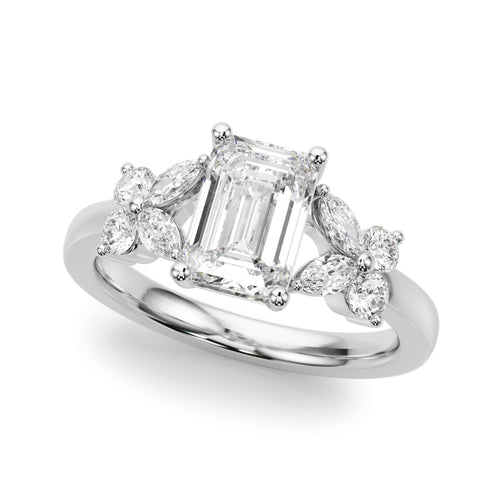 Contemporary Floral Emerald Cut Engagement Ring