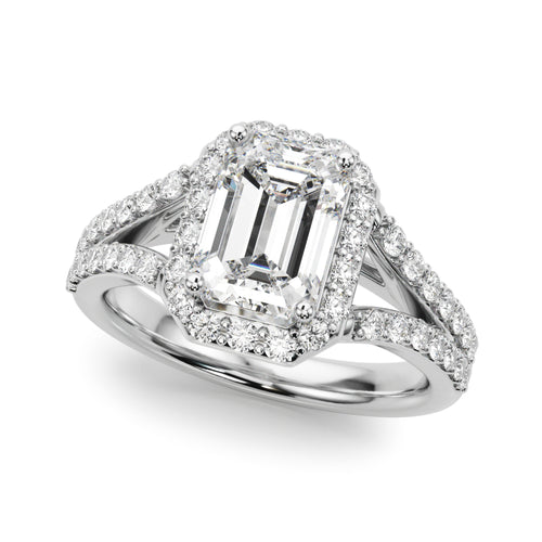 Split Shank Emerald Cut Halo Engagement Ring