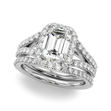 Split Shank Emerald Cut Halo Engagement Ring – Emerald Cut Emerald Engagement Ring in 18K Gold | Just Brilliant – close-up...